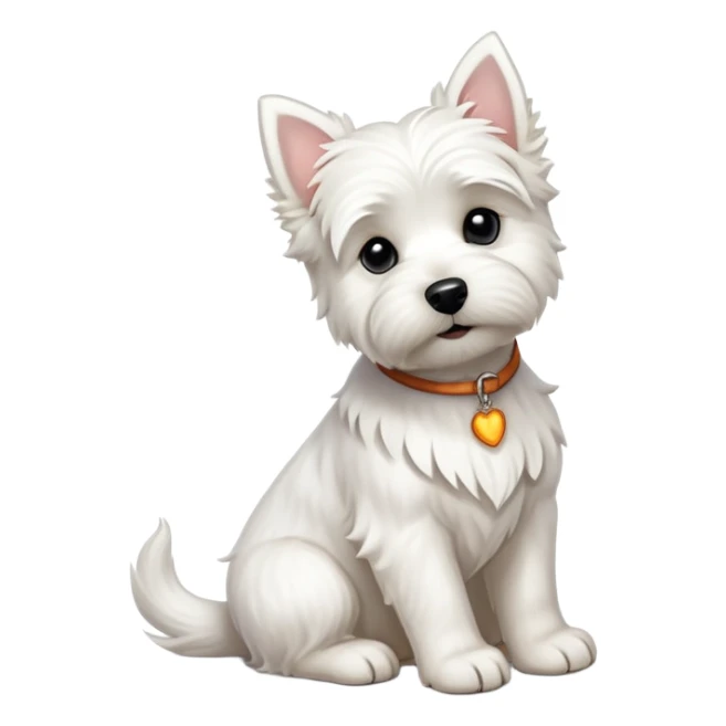 cinematic-[west highland white terrier]-realistic-full-body-sitting-emoji,-tail-resting-loosely-beside-its-paws,-head-tilted-dramatically, dooped ears -wavy-[white-fur,-simplified-yet-realistic-focused-features,-highly-detailed,-glowing-with-an-almost-sarcastic-glow sticker