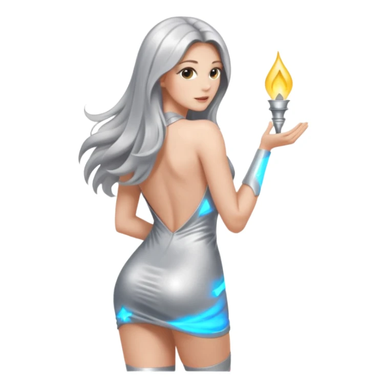 woman with light long hair in silver body looking at the camera from back with sexy pose sticker