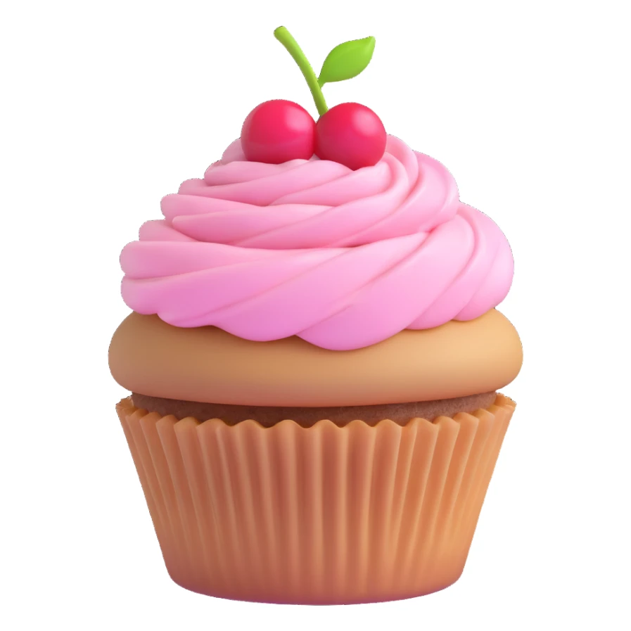 cupcake with pink icing with a cherry on top, light brown cupcake base, 3D emoji style sticker