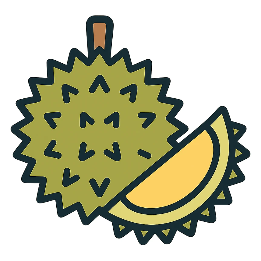 Create a simple, minimal detail, clear shape emoji of a whole durian fruit in a Unicode-style emoji character. The emoji should have no background and be easily copy-pastable as a clear icon representation of the durian fruit. sticker