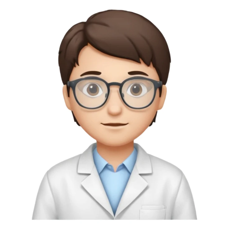 Portrait of a young scientist wearing a white lab coat, glasses sticker