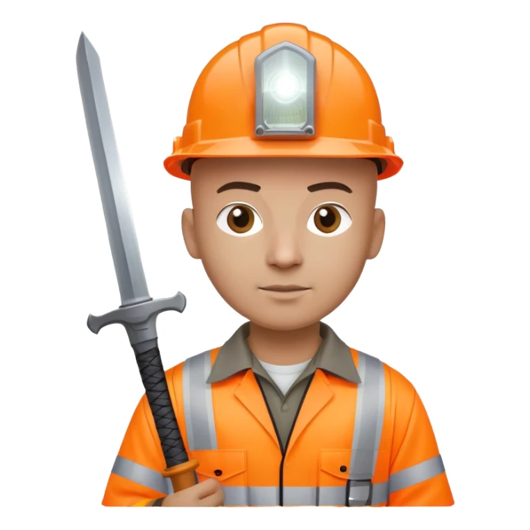Bald Telecoms engineer in orange hi vis with white hard hat (with headlamp) and sword sticker