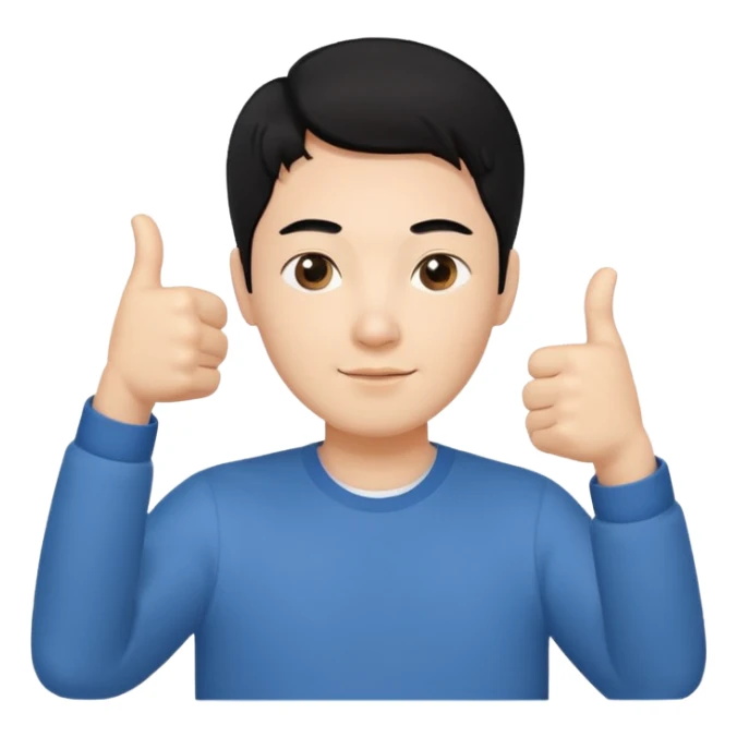 3D avatar of a Korean male frontend developer,
clean 5:5 middle part black hair,
no glasses,
close-up face portrait,
only head and one hand visible,
one hand making thumbs up gesture,
soft and friendly expression,
minimal style
 sticker