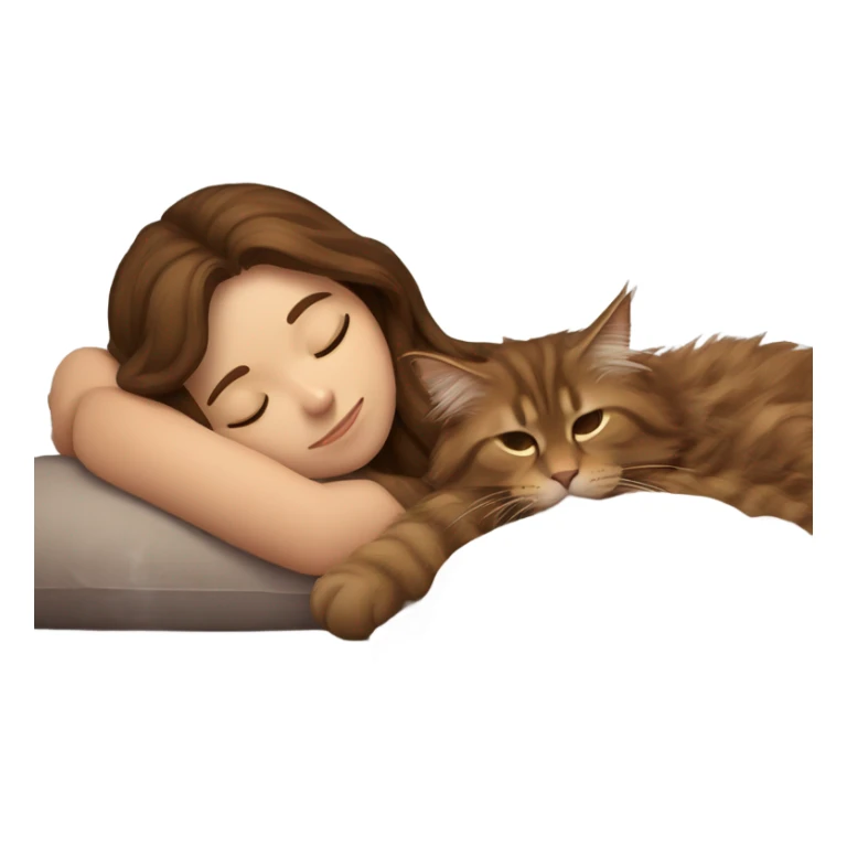 Brown-haired girl sleeping with her brown maine coon cat  sticker