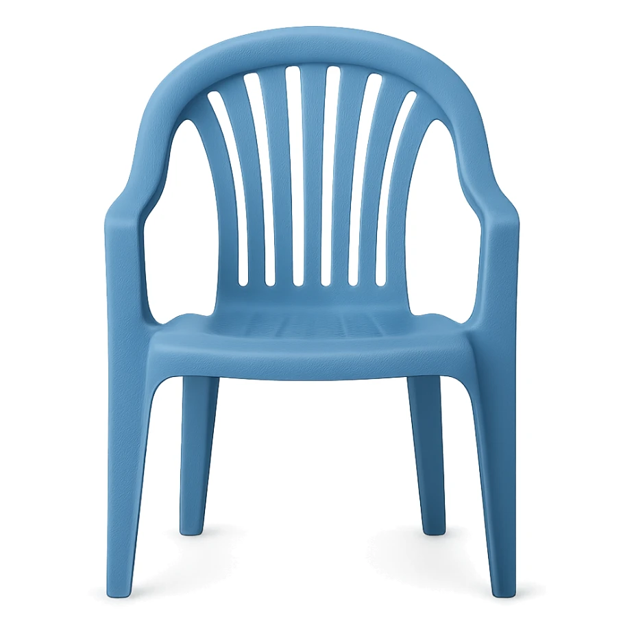 blue molded plastic lawn chair, arched top roll, five vertical back slats, viewed from the front, clean and minimal sticker