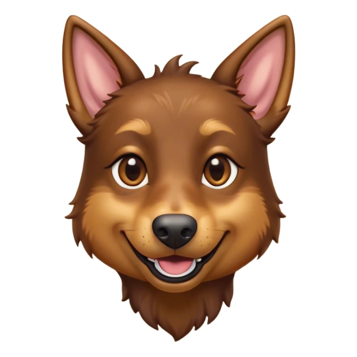 Cinematic Comical Brown and Tan Kelpie Portrait Emoji, Head tilted dramatically with an exaggeratedly amused expression, featuring a striking brown Fur with bold tan accents, wide, expressive warm eyes filled with playful disbelief, Simplified yet hilariously expressive features, highly detailed, glowing with a slightly sassy glow, high shine, dramatic yet playful, stylized with an air of cheeky mischief, bright and endearing, soft glowing outline, capturing the essence of a spirited and over-the-top herder, so meme-worthy it feels like it could side-eye its way into internet fame instantly! sticker
