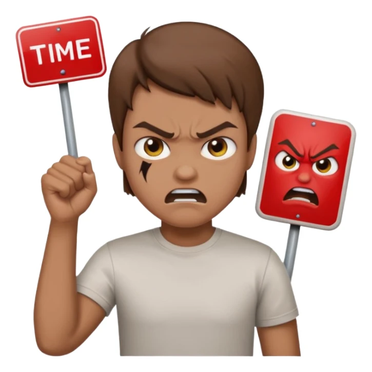 A protester with a sign with an angry face on the sign sticker