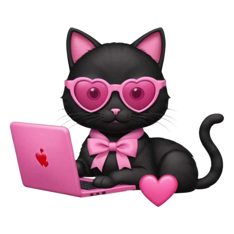 Black cat with pink ribbon and sunglasses doing pink computer with pink heart sticker