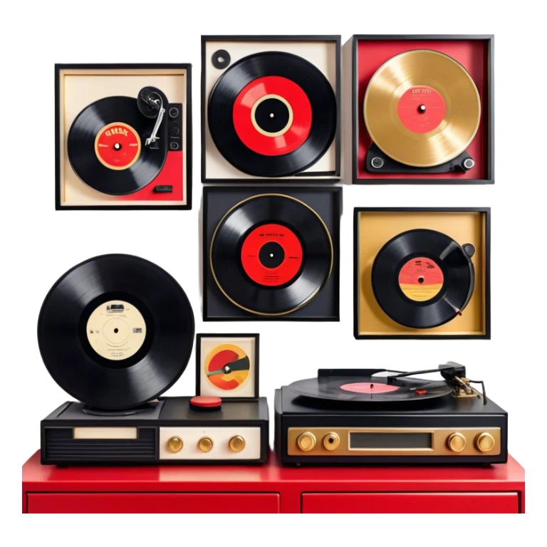Icon for Vinyl Record Collecting: large black, golden and red vinyl records in decorative packaging featuring artist images, neatly arranged on a wall or shelf, modern vinyl record player. The icon should reflect the aesthetic and artistic aspect of collecting vinyl records. Transparent background. sticker