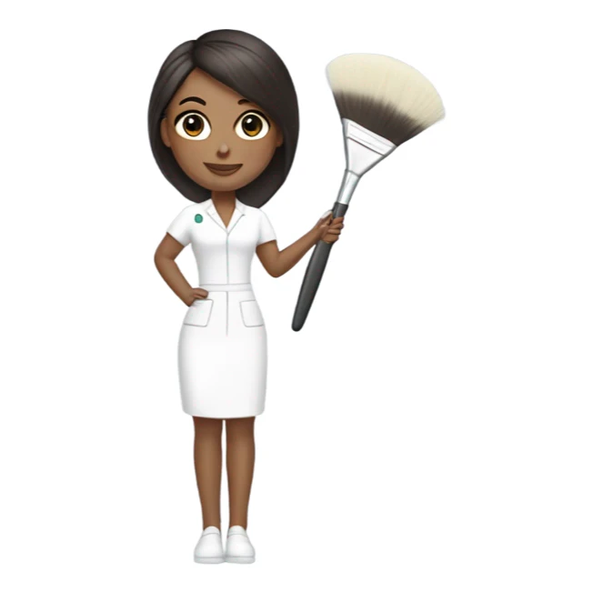 Brunette esthetician wearing white holding a fan brush sticker