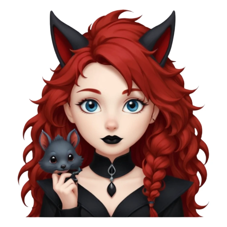  long curly red hair (darker), red pointed ears with black trim, black goth outfits, body and face human, blue eyes, more pointy chin, black lipstick, big fluffy red squirrel tail with black tips, like the attached photo with more outfits and poses,  sticker
