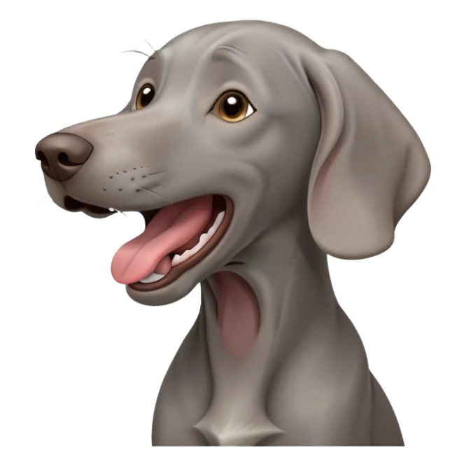 cinematic-cute-yawning-weimaraner-portrait-emoji,-head-tilted-slightly-with-a-dramatic,-wide-open-yawn,-revealing-a-sleek grey fur-with-a-subtle-shimmer,-floppy-ears-slightly-drooping,-round-brown-eyes-barely-open-in-drowsy sticker