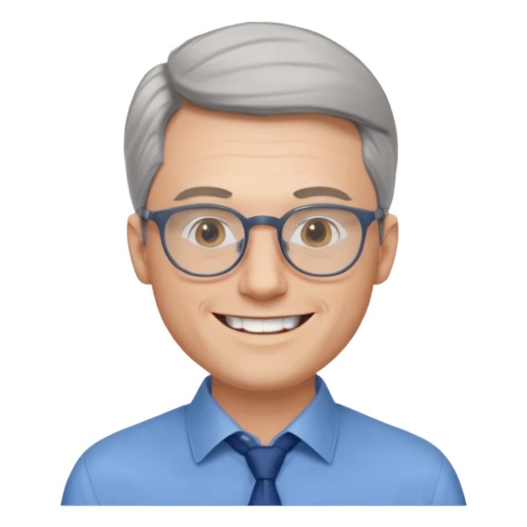 30 yr old pale white man, grey side swept hair, round glasses, big smile, white teeth, handsome, longer hair, thin glasses, blue dress shirt, no tie sticker