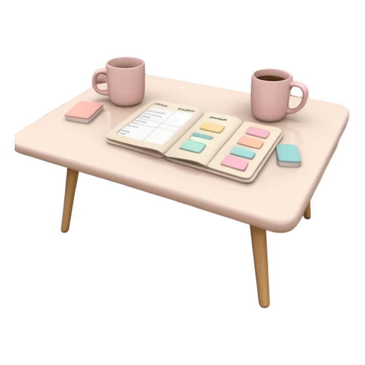 Coffee table with pastel pink study flashcards, beige ceramic mug beside sticker