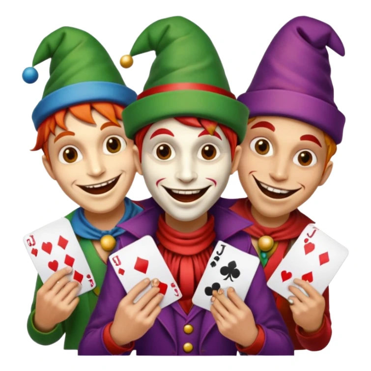 3 poker cards, with crazy colorful human jolly jokers inside, face only sticker