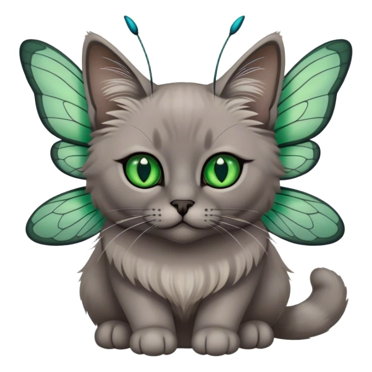 dark gray ragdoll Cat with dragonfly wings antennae green eyes sticker