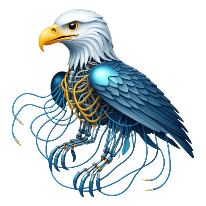 A high-tech eagle made of electric wires and cables with rubber scales that reveal its electric skeleton, possessing both jellyfish-like tendrils and the ability to generate electrical pulses that illuminate the ocean depths. sticker
