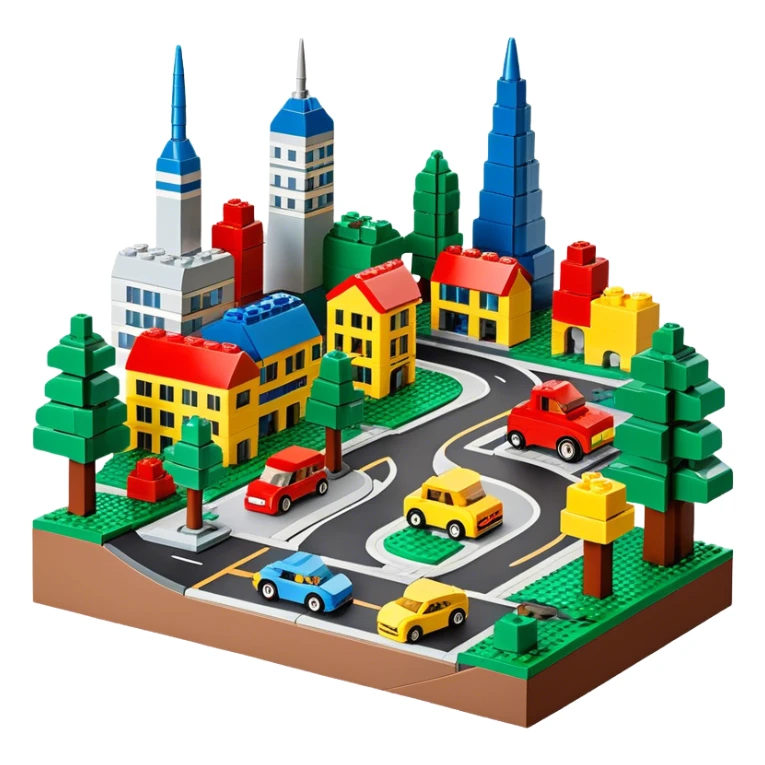 A photorealistic icon featuring a cityscape built from colorful LEGO bricks, with LEGO buildings, roads, cars, and trees. The design highlights the intricate details of the LEGO structures, capturing the creativity and fun of building with LEGO. Transparent background. sticker
