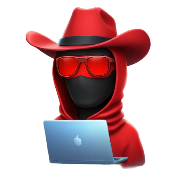 developer behind his laptop with this style :  neon glowing bright red character dark wearing red balaclava assassin themed character sunglasses with big red cowboy hat sticker