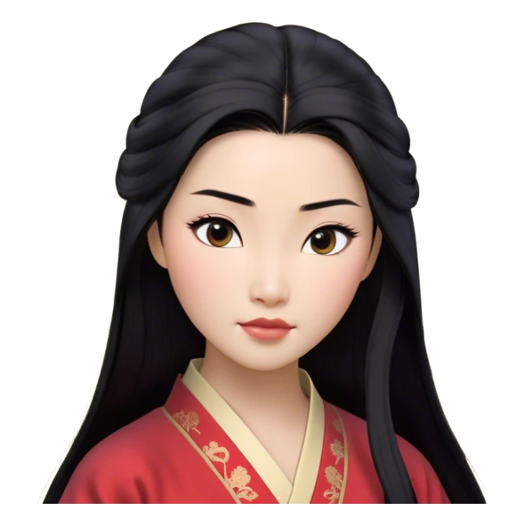 Cinematic Realistic Mulan Portrait, depicted with lifelike skin texture, soft natural lighting, and intricately detailed long black hair styled elegantly. Her deep, expressive eyes exude determination and grace, complemented by a serene yet confident expression. She is dressed in her classic attire, with rich fabric textures and delicate folds that catch the light beautifully. The portrait features a soft, enchanting glow with a natural, radiant finish, capturing the essence of timeless strength and beauty in a realistic and painterly style, evoking a sense of depth and authenticity. sticker