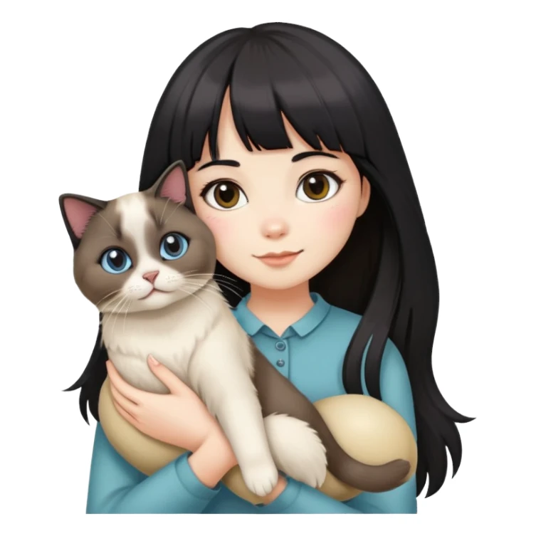 A black-haired girl with straight bangs holding a seal bicolor Ragdoll cat sticker