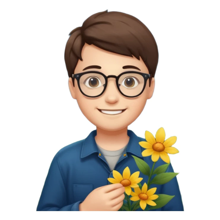 smiling boy with glasses at night holding wildflowers sticker