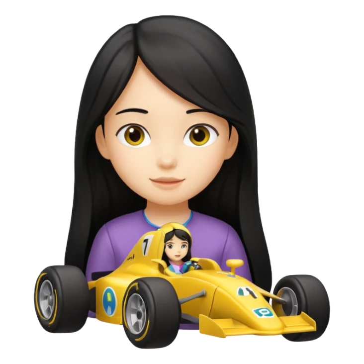 black long black haired girl kid playing yellow colored formula 1 car toy sticker