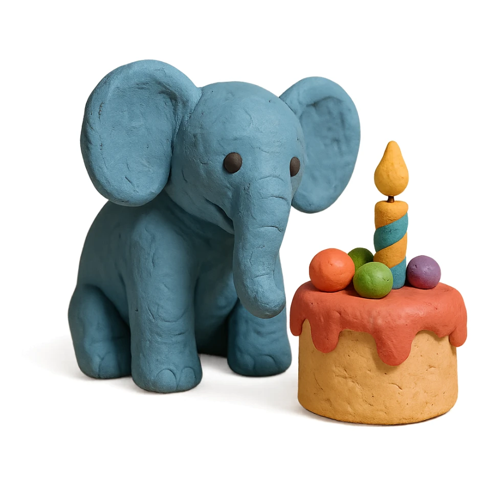 elephant beside one colorful candle-lit fruit cake, claymation style sticker