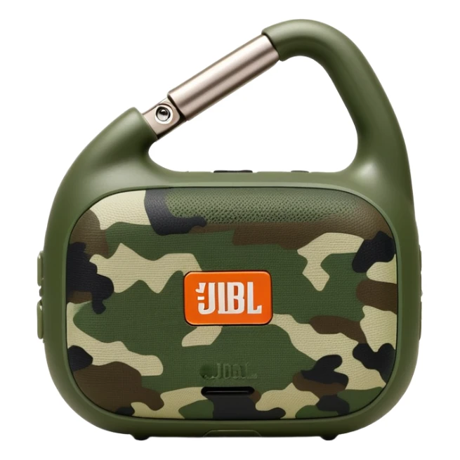 JBL Clip 4 bluetooth speaker with green camo pattern, minimalist iOS emoji style with carabiner clip sticker
