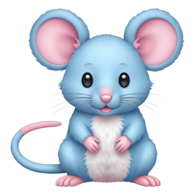 A small, light blue, fuzzy toy mouse with pink ears and a pink nose sticker