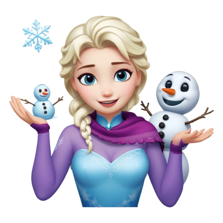 Cinematic Funny Elsa Portrait Emoji, Making a tiny snowman in her hands with a proud grin, looking smug as it dances, an unexpectedly hilarious moment of icy creativity! sticker