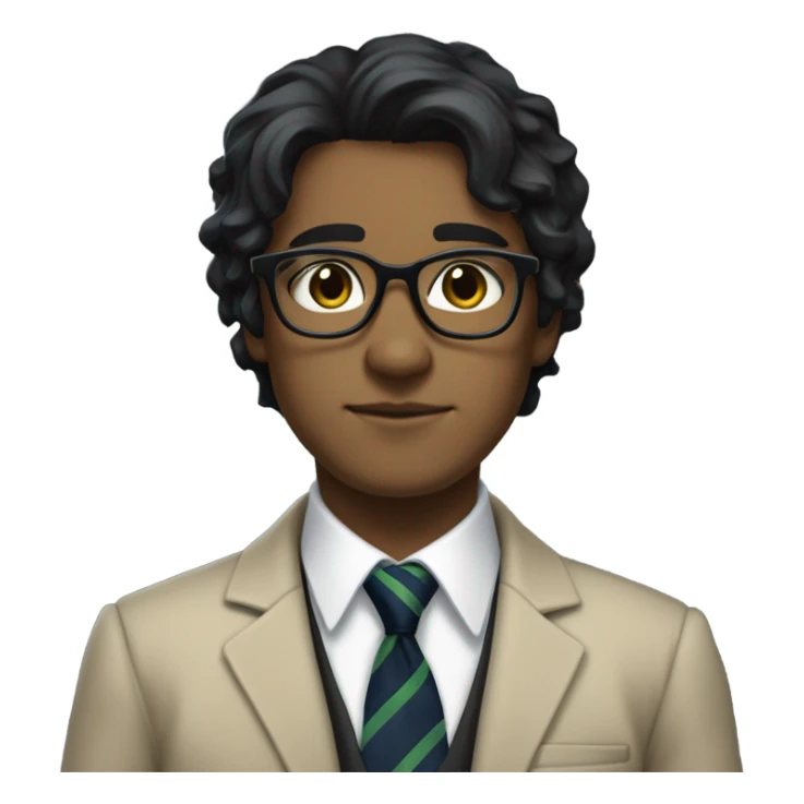 Hair: Messy, medium-length black hair slightly covering the ears and forehead.  Outfit: A formal school uniform featuring a white shirt with an open collar, a green striped tie, a navy sweater underneath, and a beige blazer on top. Black glasses sticker