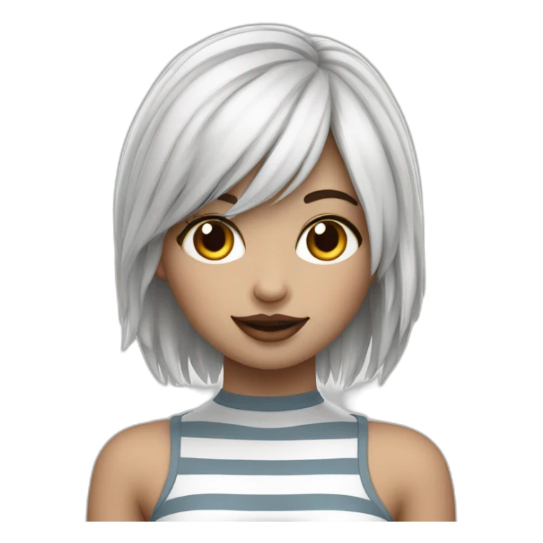 Hyperrealistic Frontal view curvy emo girl sits white skirt striped stockings hands up sticker