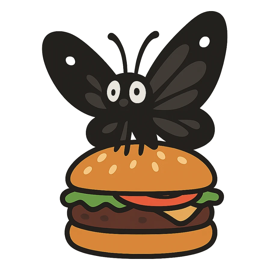 flat toon style black butterfly sitting on a burger sticker