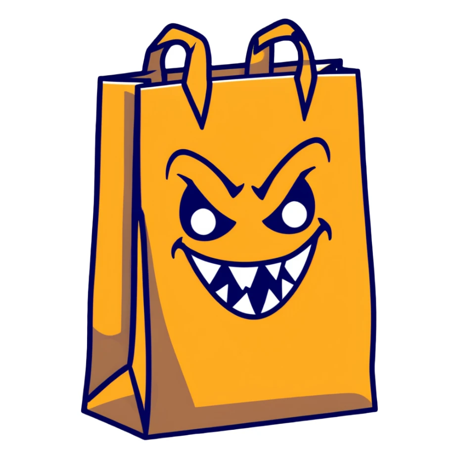 spooky paper bag with scary face and evil grin sticker