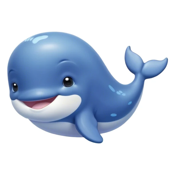 Cinematic happy baby whale, chubby rounded body, tiny smiling face, soft pastel blue hues, gentle glowing waves around, joyful and soothing. sticker