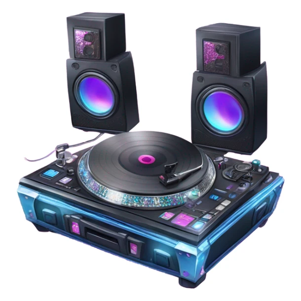 Realistic isolated DJ turntables and console setup with pink,blue,and purple sparkling diamonds and rhinestones on it. sticker