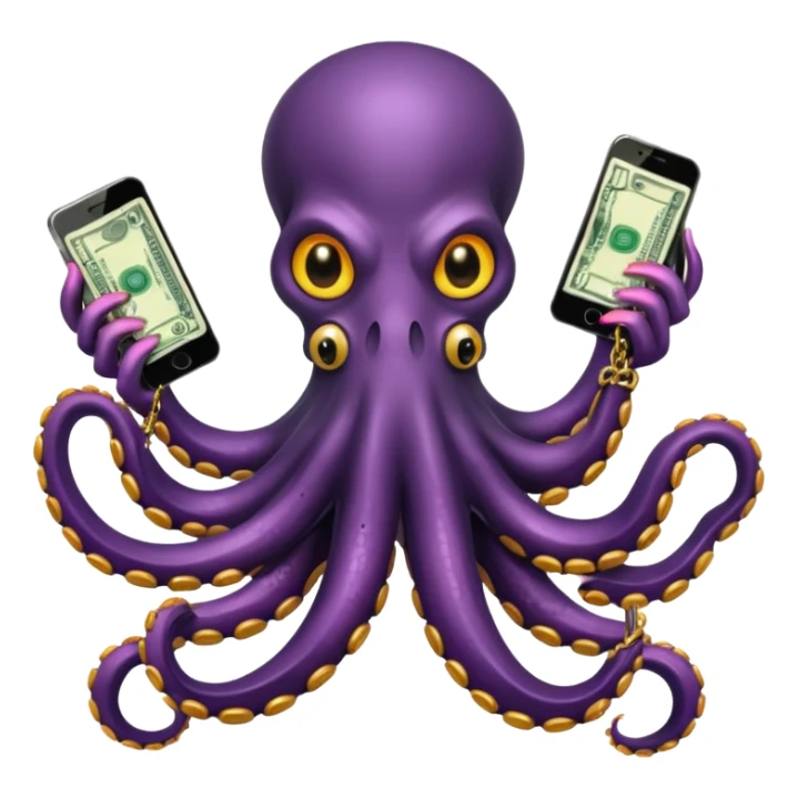 Intimidating octopus with pearl black skin, neon suction cups. Evil glaring eyes. Wearing a thick gold chain. 3 tentacles are holding their own cellphone, 2 other tentacles are holding stacks of money sticker
