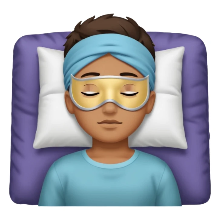 boy with a sleeping mask above head like a band 
 sticker