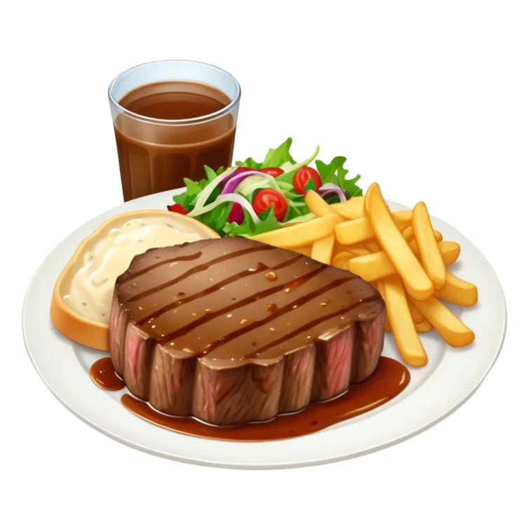 big juicy australian steak meal featuring chips, small salad in a ramiken and gravy  sticker