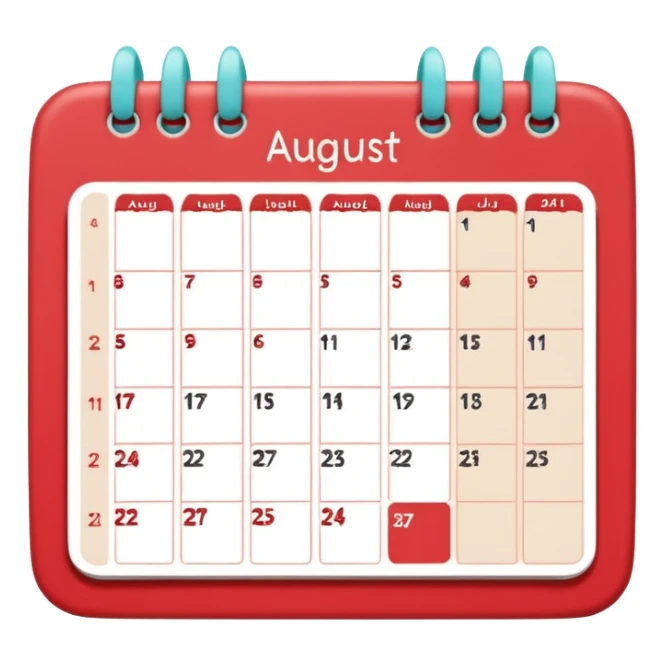 a monthly calendar labeled “August,” with rounded square date boxes, scalloped border frame, playful red doodle lines, and a cozy planner vibe. Minimal kawaii style, flat pastel color palette, slightly imperfect sketch lines, centered object, no background sticker