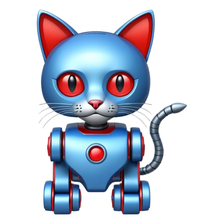 generate robot cat, glossy, realstic, red and blue color, write on tag LMX sticker