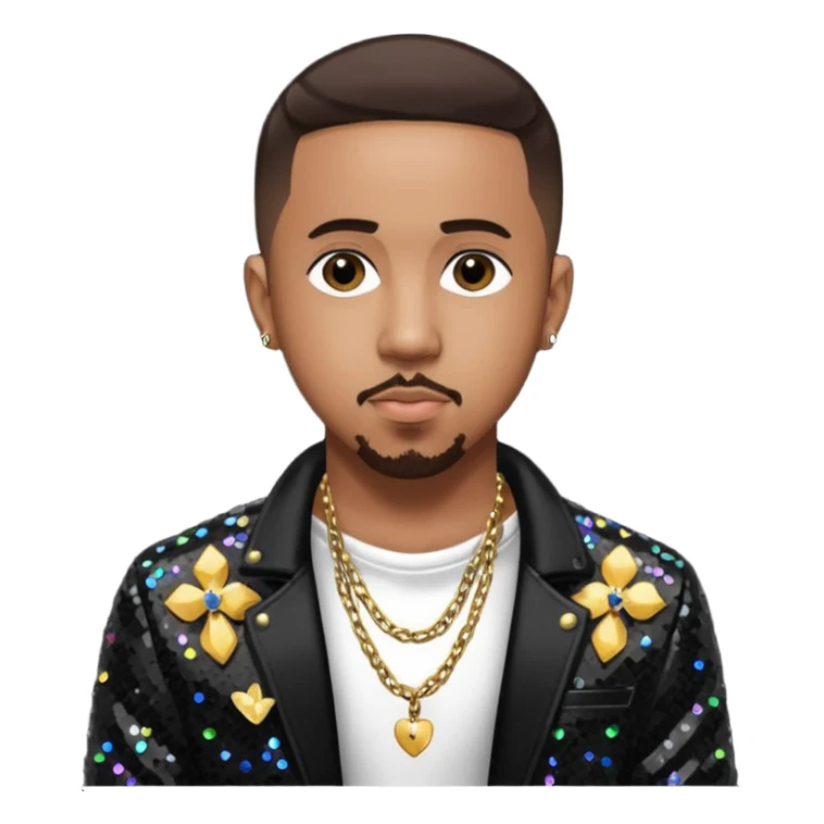 Marques Houston with dark brown hair, black sequin jacket, shirtless with necklace sticker