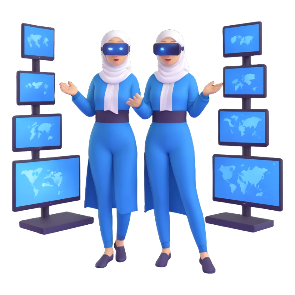 woman with white hijab in blue outfit working with multiple screens displaying digital world, virtual reality interfaces, metaverse elements, code visualization sticker
