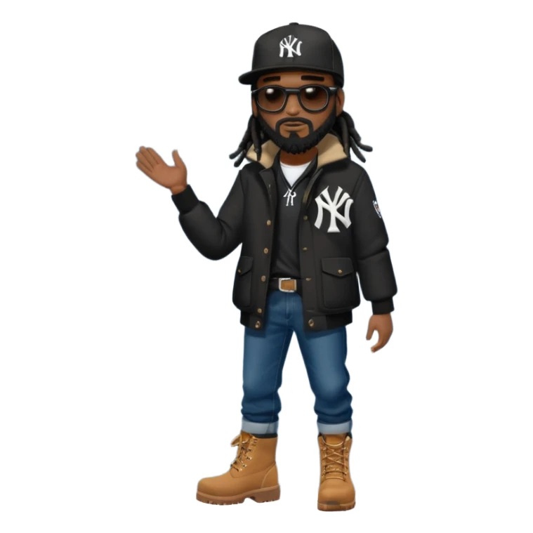 African American man with shoulder length black dreadlocks with black beard wearing black sunglasses wearing a black New York Yankees logo baseball cap wearing a black bubble winter coat wearing denim skinny jeans tying up his timberland boots sticker