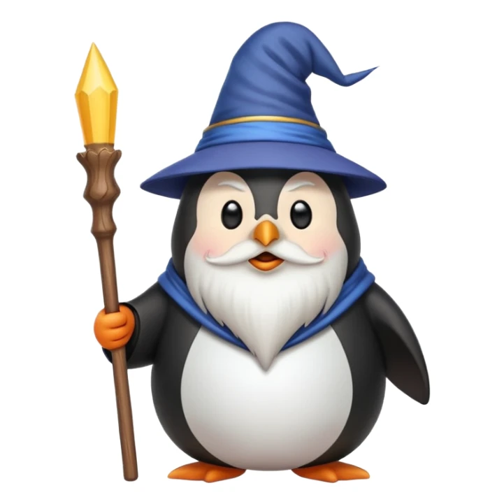 chubby penguin wizard with a long beard holding a wand, emoji style sticker