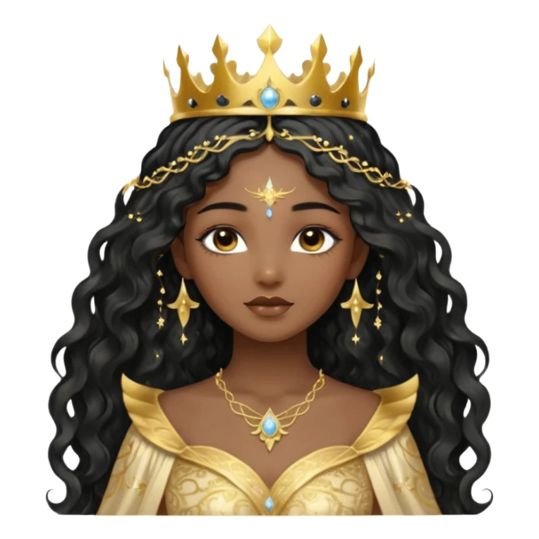 a black beautiful angel with gold pattern on her face and and long wavy black hair, she wears a ethereal crown with sparkling strings and a beautiful sparkling golden gown with moon crest in the middle of the gown, her face calm, gentle and kind, magical aura around her sticker
