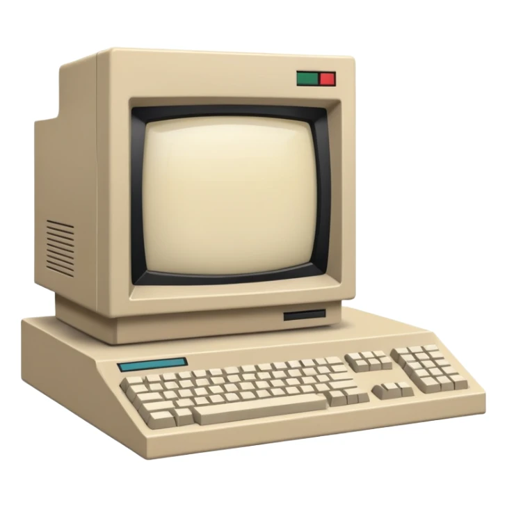 Vintage desktop computer from the 80s, bulky beige monitor with floppy disk drive, separate keyboard, nostalgic tech aesthetic sticker