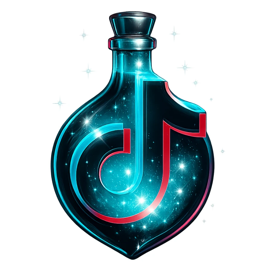 TikTok logo-shaped luxurious elixir bottle, black and cyan with pink accents, iridescent and silver details, intense magical glowing and sparkling effects, very small neck, seamless bottom, transparent background, floating, no base or shadow, modern, matching a collection sticker