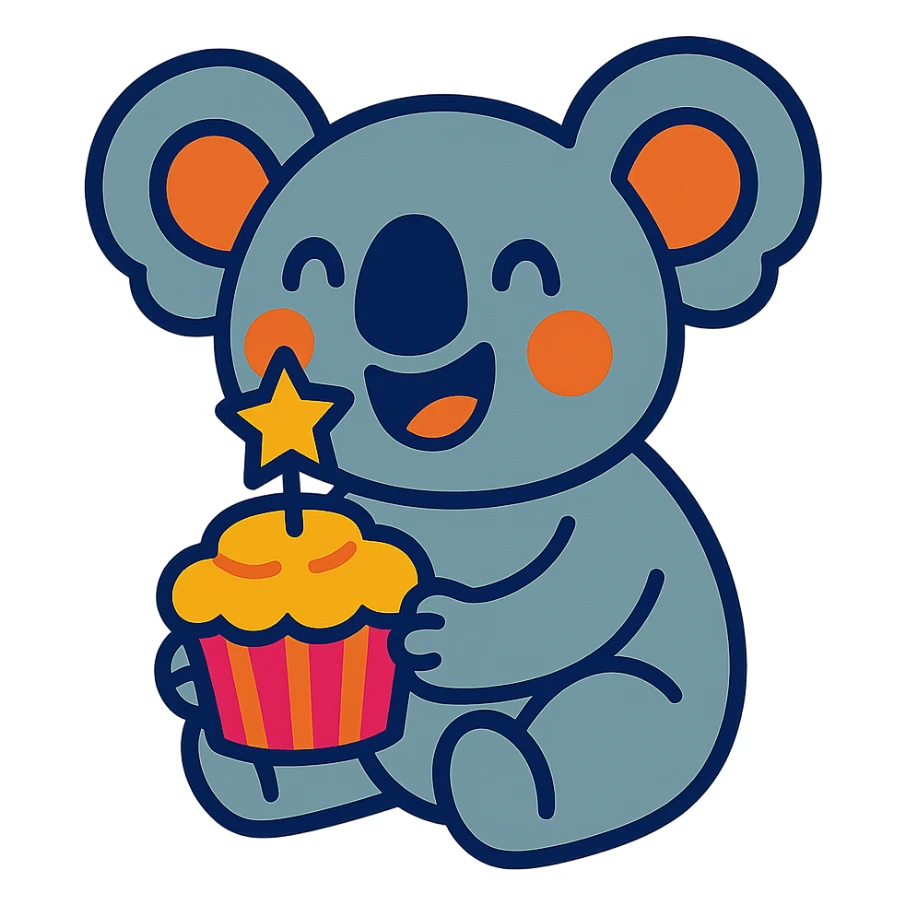 happy koala holding cupcake with 1 star candle in vibrant-toon style sticker